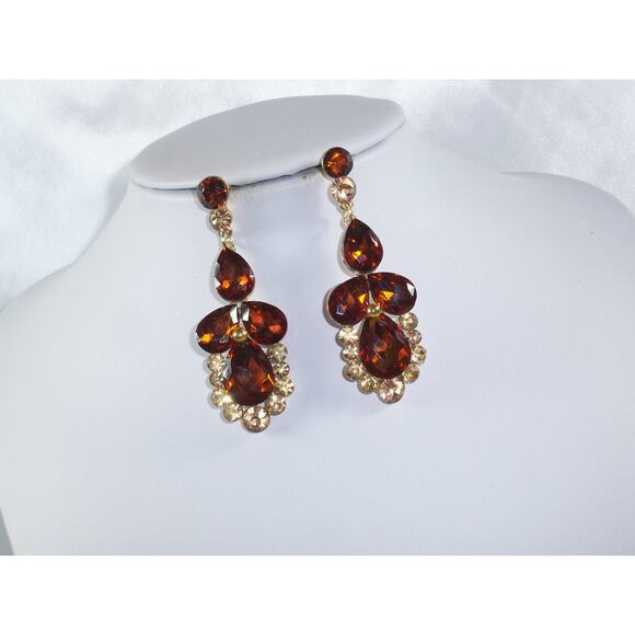 Rhinestone topaz gold long dangle drop MOB wedding prom gold topaz earrings - Picture 2 of 5